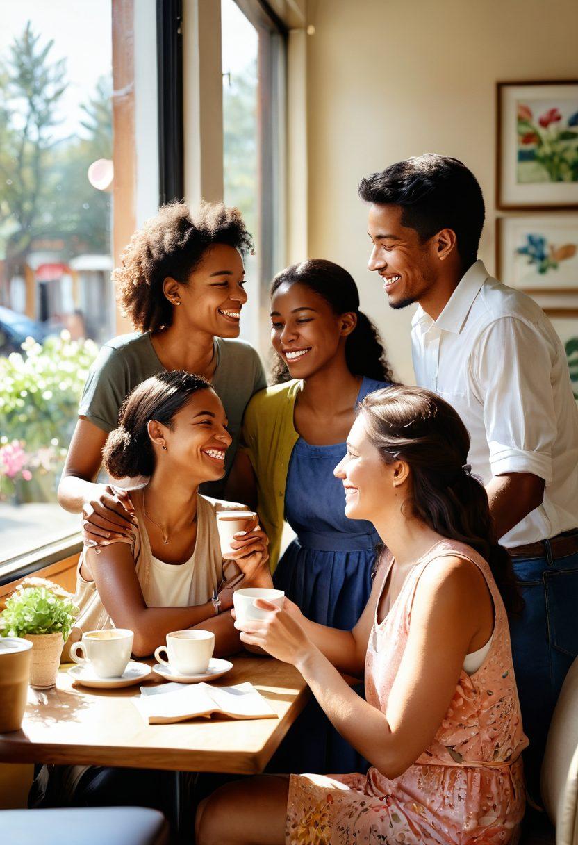 A warm, inviting scene depicting a diverse group of people engaged in a heartwarming conversation, sharing smiles and laughter in a cozy coffee shop. Soft sunlight filters through the windows, creating an atmosphere of comfort and connection. Each person exudes kindness, with gentle gestures like a hand on a shoulder or a cup of tea being shared. Floral decorations and soft cushions enhance the feeling of tenderness and support. watercolor painting. warm colors. natural light.