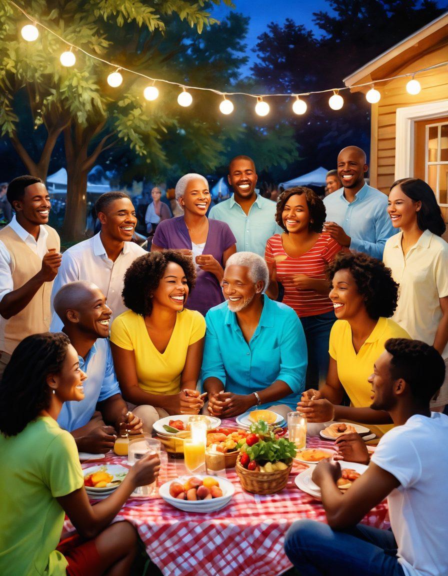 A warm, inviting scene of a diverse group of people engaged in a heartfelt conversation at a community gathering, with laughter and smiles highlighting their emotional bonds. Soft, glowing lighting enhances the atmosphere, and colorful decorations reflect a sense of joy and togetherness. Include elements like a picnic setup and nature in the background to convey a nurturing environment. bright colors. painting.