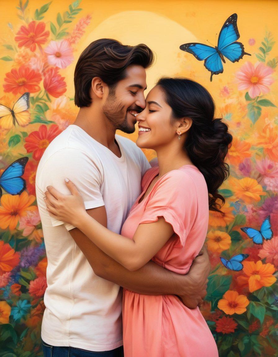 A vibrant community scene showcasing diverse individuals expressing affection through various forms, such as a warm hug, a gentle handshake, and a joyful laugh. The background is filled with colorful murals symbolizing love and connection, while soft sunlight bathes the scene in a golden hue. Emphasize a spectrum of emotions, from infatuation to deep devotion, highlighted through facial expressions and body language. Incorporate lively details like blooming flowers and fluttering butterflies. vibrant colors. super-realistic.